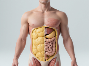 Anatomical diagram showing visceral vs subcutaneous fat distribution in the abdomen